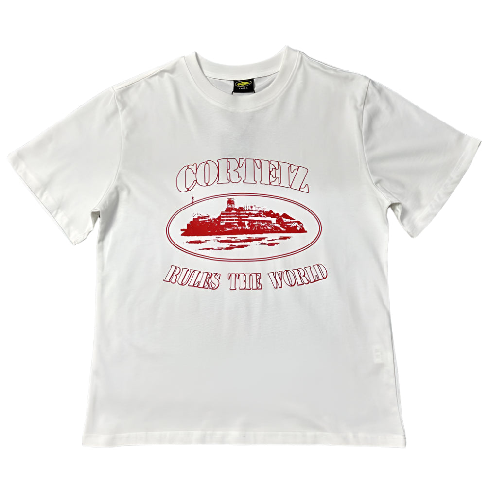 Corteiz Rules The World Red Logo T Shirt White